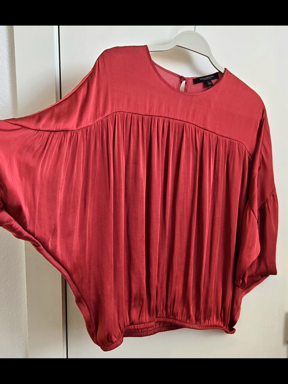 Andrew Marc Red Gathered Balloon-Sleeve Blouse - Picture 2 of 3